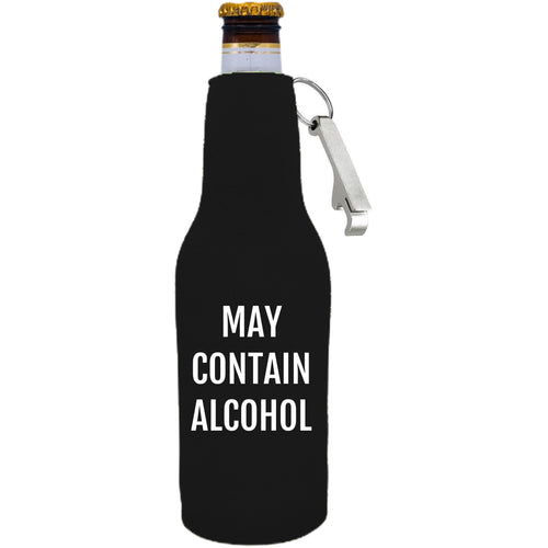 Neoprene beer bottle koozie with metal opener attached to the zipper; may contain alcohol graphic printed on one side. 