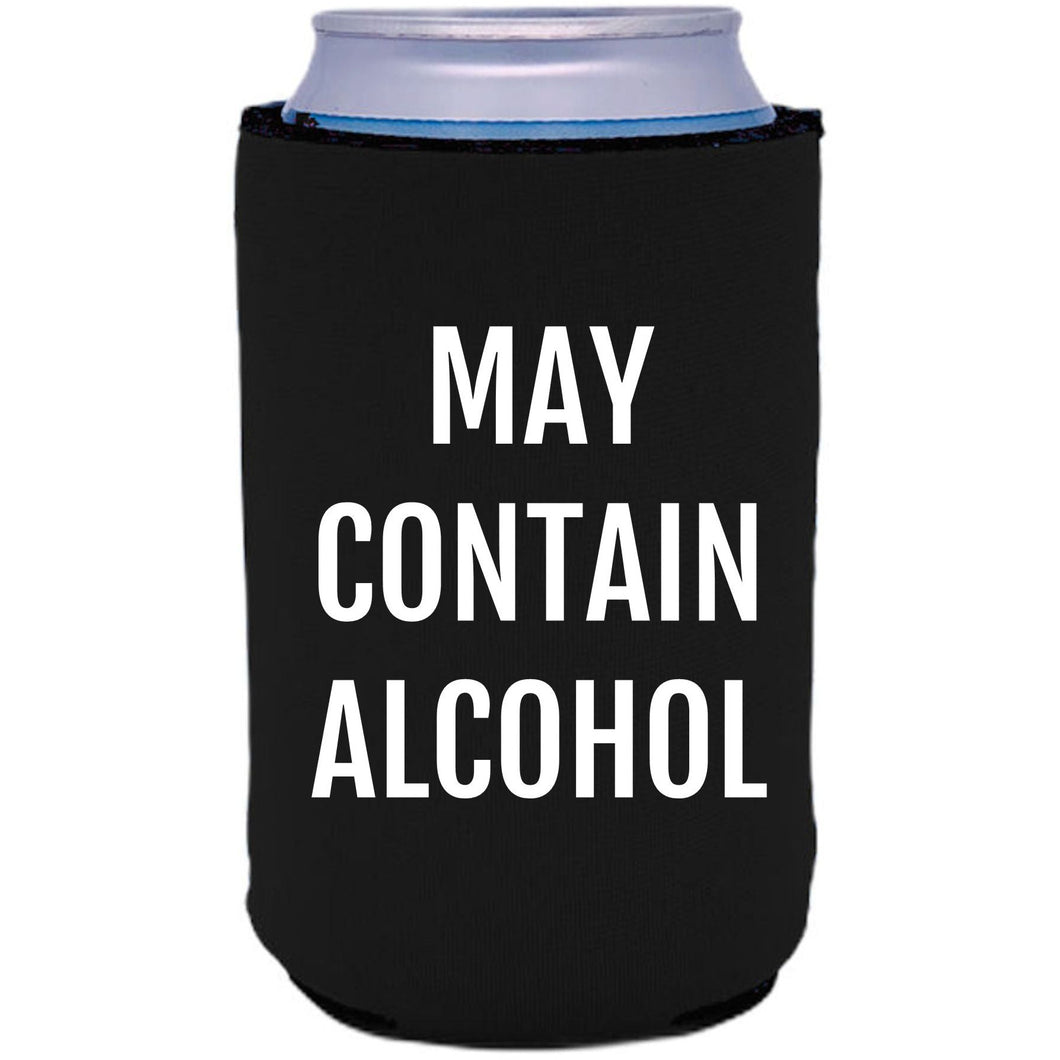 collapsible 12oz. neoprene can koozie with may contain alcohol graphic printed on one side.