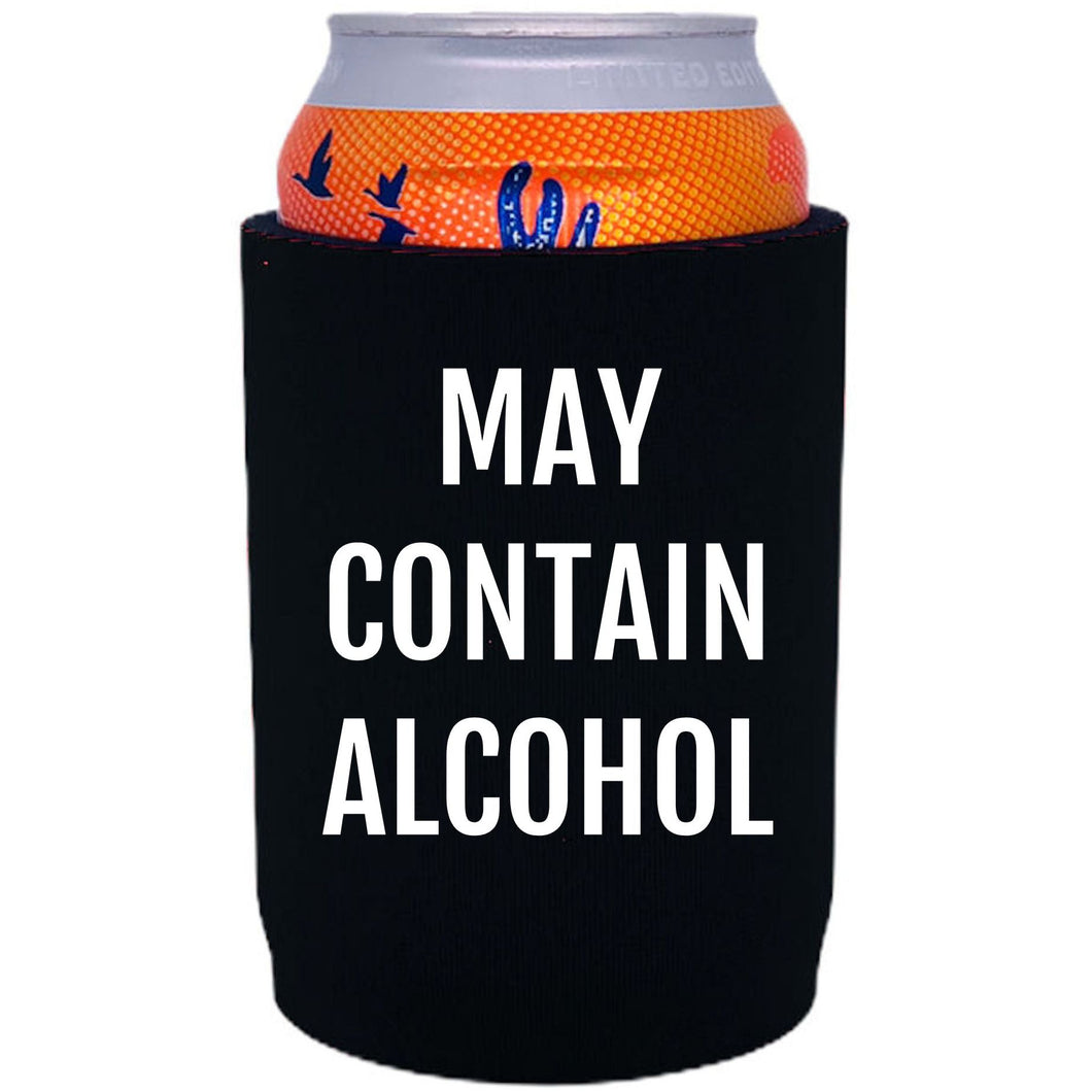 Full bottom neoprene 12oz. can koozie with may contain alcohol graphic printed on one side. 