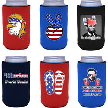 Load image into Gallery viewer, six regular 12oz can koozies with patriotic humorous designs
