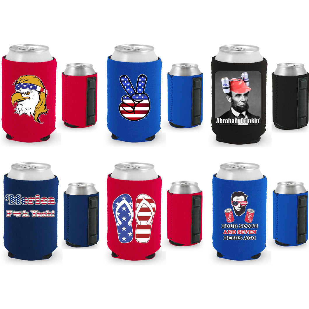 six magnetic can koozies with funny patriotic designs