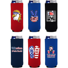 Load image into Gallery viewer, six slim can koozies with funny patriotic printed designs
