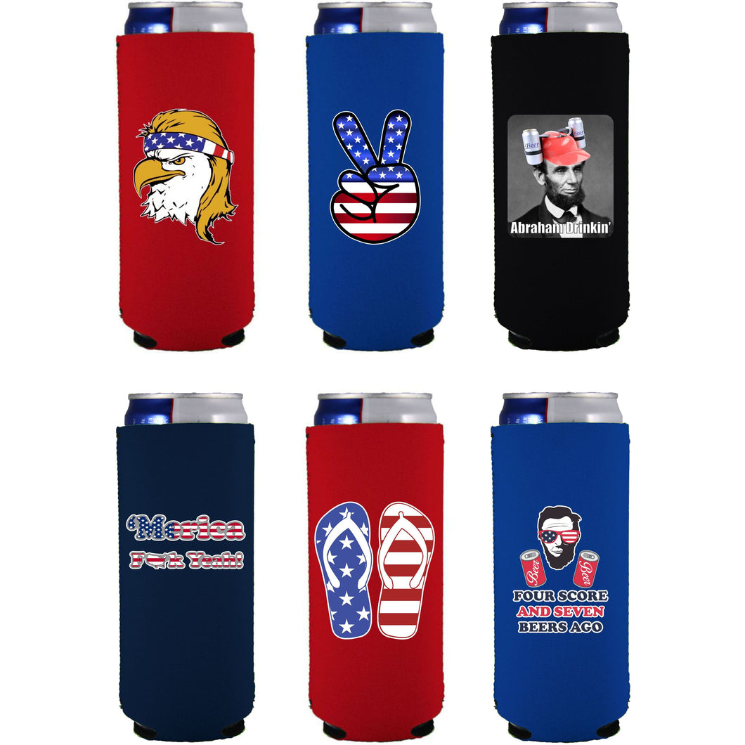 six slim can koozies with funny patriotic printed designs