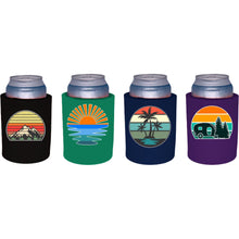 Load image into Gallery viewer, 4 pack koozies made of thick foam with retro designs on black turquoise navy and purple
