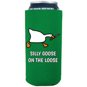 16oz. Tallboy neoprene can Koozie with design printed on one side.