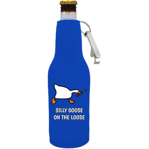 neoprene beer bottle Koozie with opener attached to the zipper and graphic printed on the opposite side.