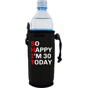 neoprene water bottle koozie with drawstring closure and "So Happy I'm 30" graphic printed on one side.