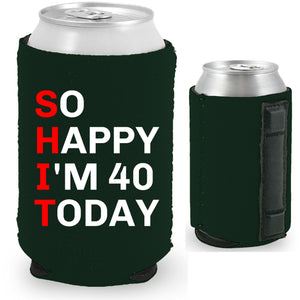 12oz. collapsible, neoprene can koozie with strong magnets sewn into one side and "So Happy I'm 40" graphic printed opposite. 