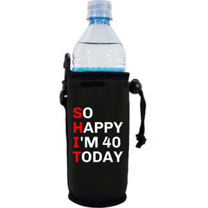 neoprene water bottle koozie with drawstring closure and "So Happy I'm 40" graphic printed on one side.