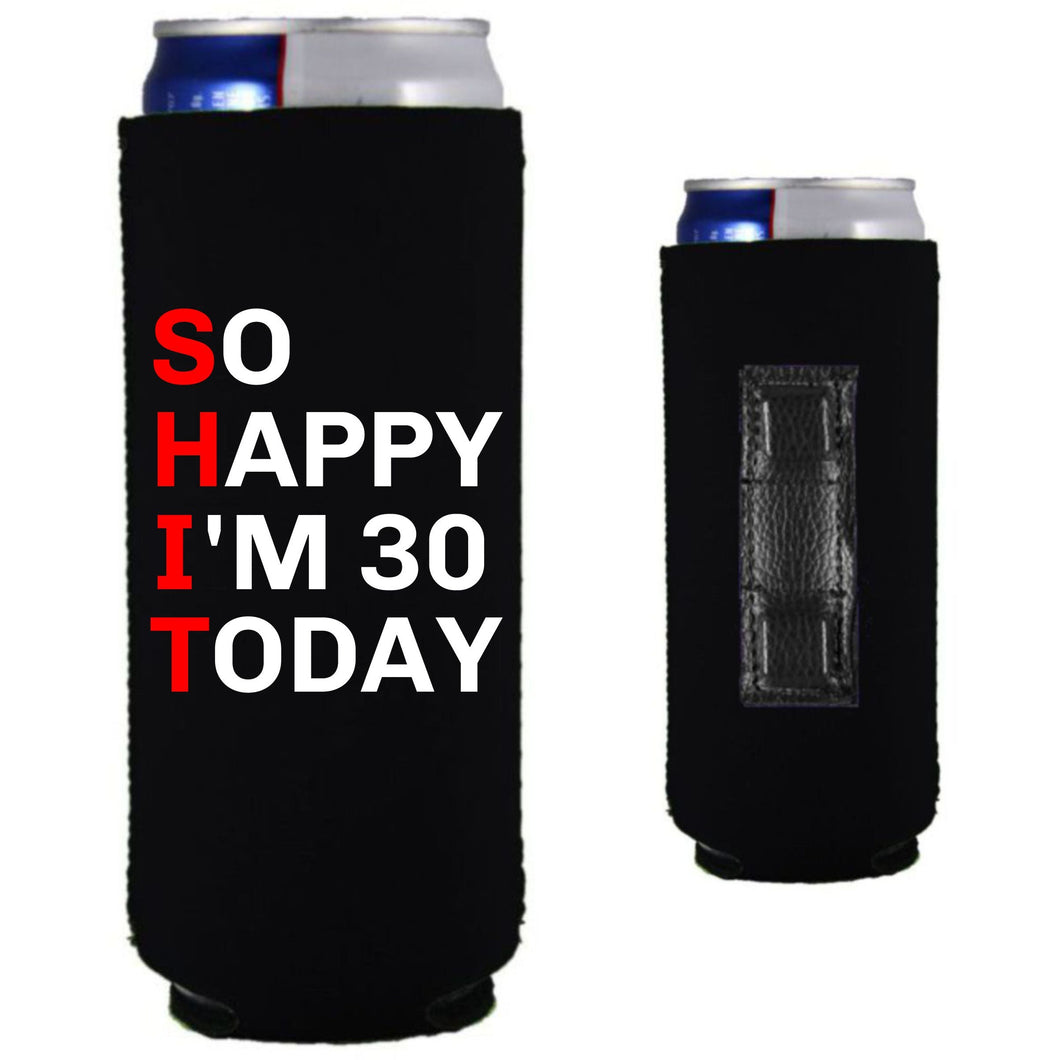 12oz. collapsible, neoprene slim can koozie with strong magnets sewn into one side and 