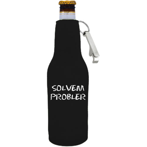 12oz. neoprene beer bottle koozie with metal bottle opener attached to zipper; 