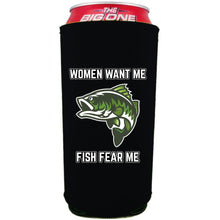 Load image into Gallery viewer, 12oz. collapsible neoprene can Koozie with women want me fish fear me graphic printed on one side.
