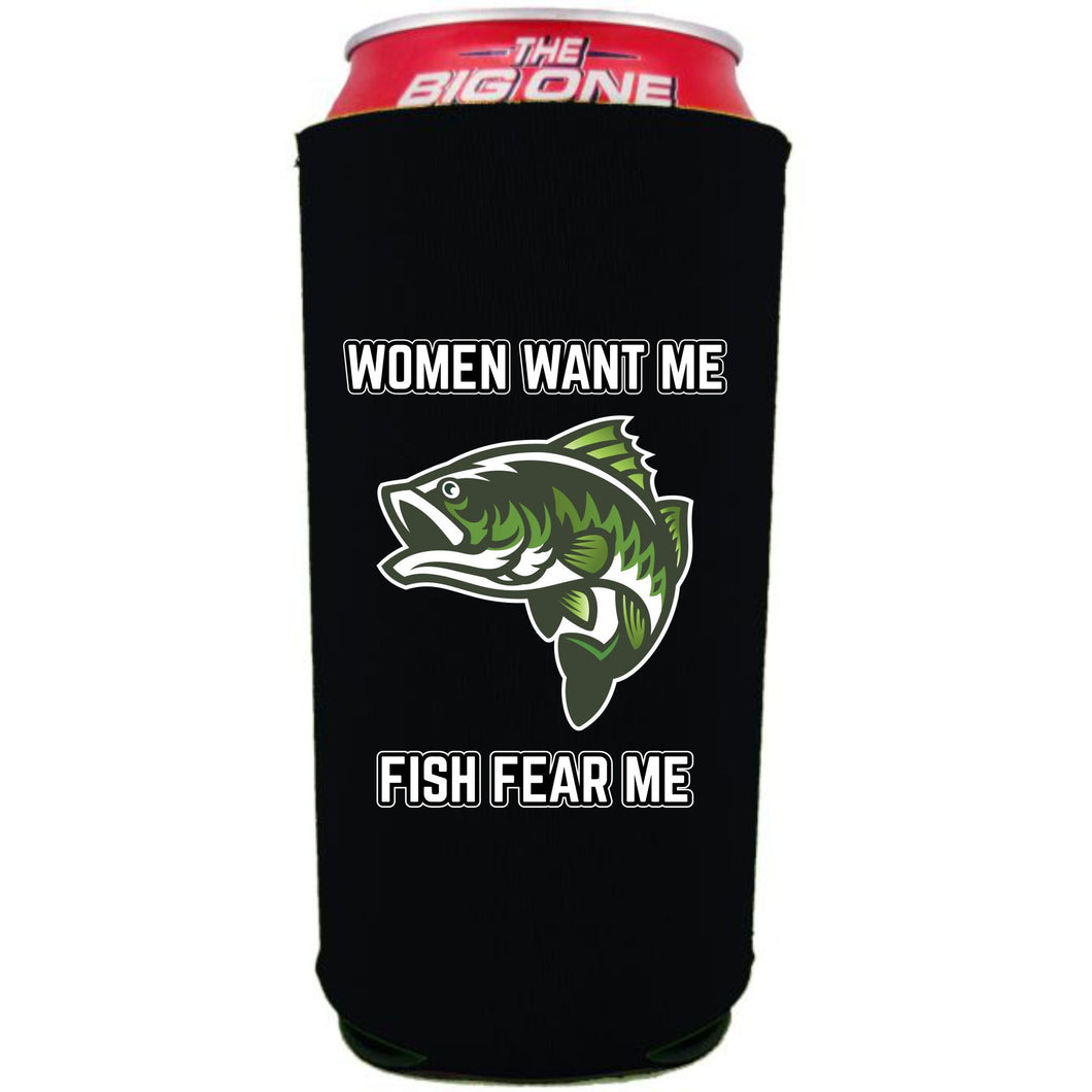 12oz. collapsible neoprene can Koozie with women want me fish fear me graphic printed on one side.