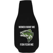 Load image into Gallery viewer, 12 oz. neoprene beer bottle Koozie with metal opener attached to zipper; women want me fish fear me graphic printed on opposite side.
