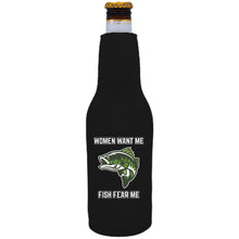 Load image into Gallery viewer, 12 oz. neoprene bottle koozie with zipper on one side and Women want me fish fear me graphic printed on opposite side.
