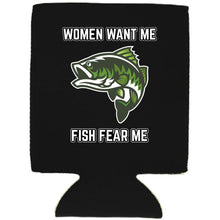 Load image into Gallery viewer, 12oz. collapsible neoprene can Koozie with strong magnets sewn into one side and women want me fish fear me graphic printed on the opposite.
