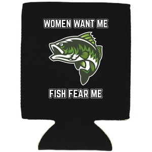 12oz. collapsible neoprene can Koozie with strong magnets sewn into one side and women want me fish fear me graphic printed on the opposite.
