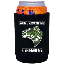 Load image into Gallery viewer, 12oz. neoprene full bottom can koozie with women want me fish fear me graphic printed on one side.
