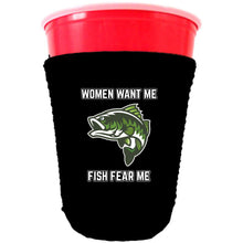 Load image into Gallery viewer, collapsible neoprene solo cup Koozie with women want me fish fear me graphic printed on one side.
