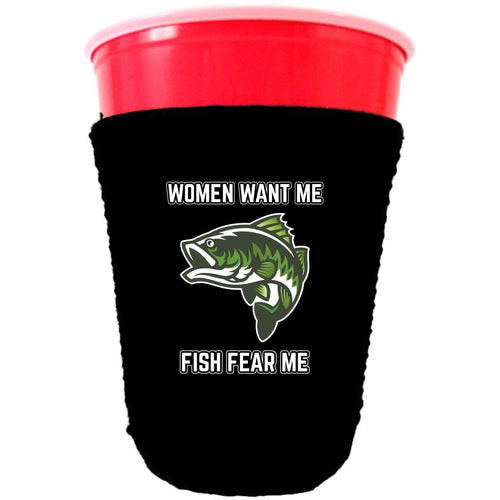 collapsible neoprene solo cup Koozie with women want me fish fear me graphic printed on one side.