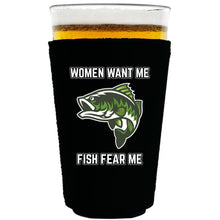 Load image into Gallery viewer, collapsible neoprene 16oz. pint glass Koozie with women want me fish fear me graphic printed on one side.
