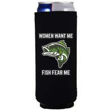 Load image into Gallery viewer, 12oz. collapsible, neoprene slim can Koozie with women want me fish fear me graphic printed on one side. 
