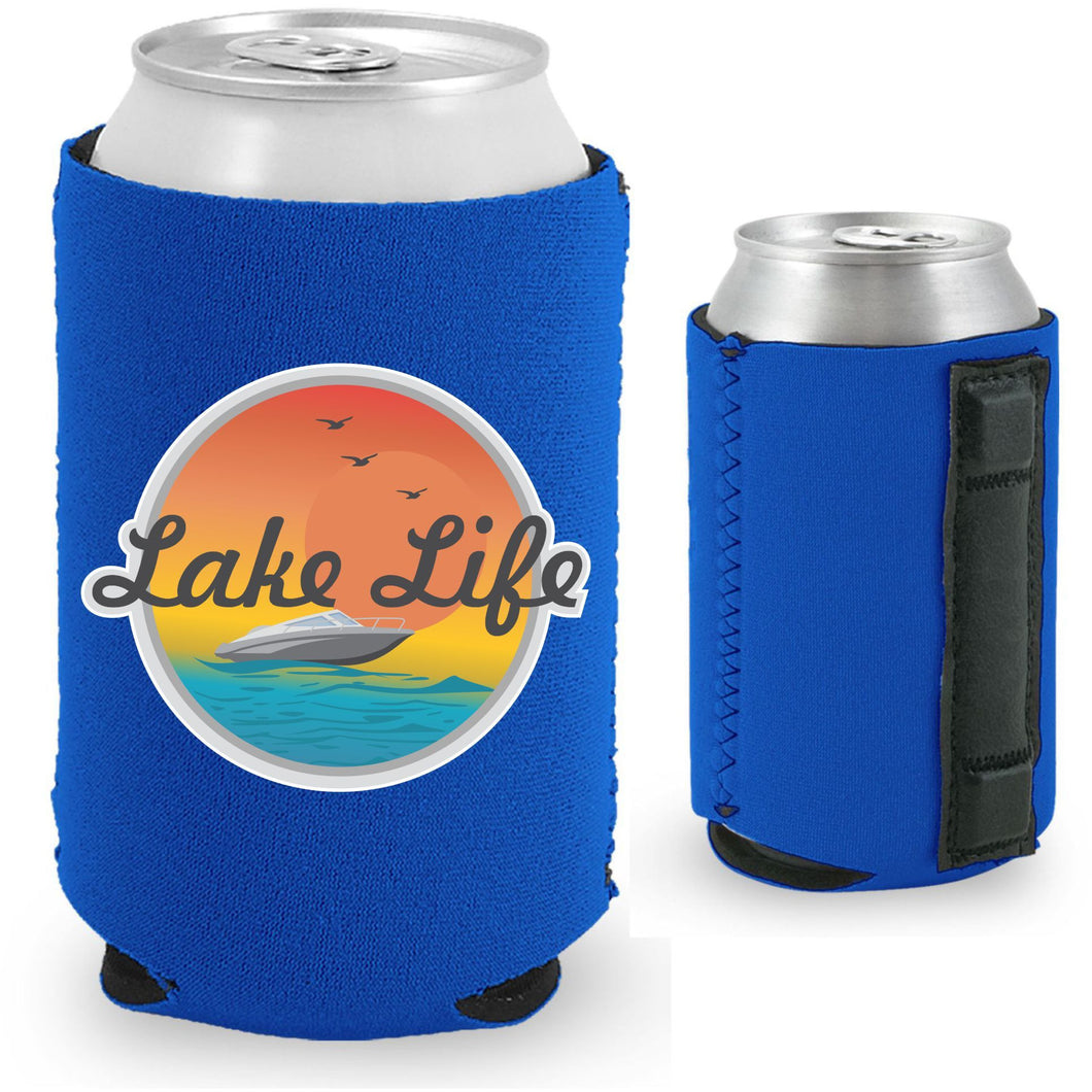 royal blue magnetic can koozie with lake life boat and sunset design