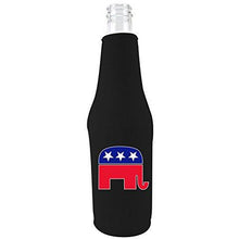 Load image into Gallery viewer, black beer bottle koozie with republican party logo design
