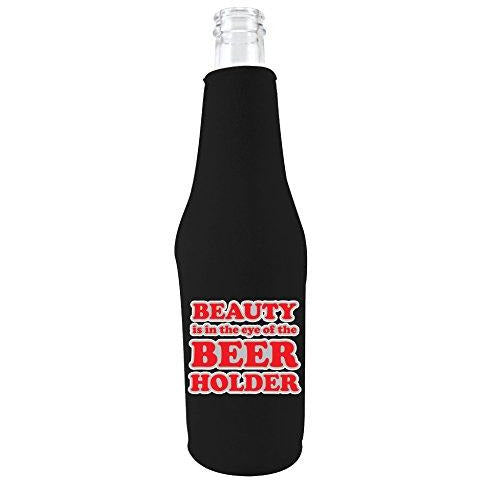 black zipper beer bottle koozie with beauty is in the eye of the beer holder design 