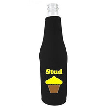 Load image into Gallery viewer, black zipper beer bottle koozie with stud muffin design 
