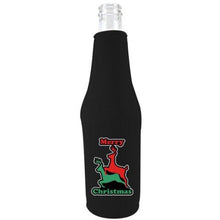 Load image into Gallery viewer, black beer bottle koozie with reindeer humping funny christmas design
