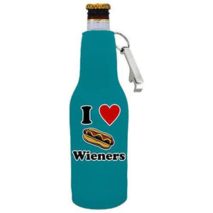 I Love Wieners Beer Bottle Coolie With Opener