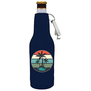 Retro Palm Trees Beer Bottle Coolie with Opener Attached