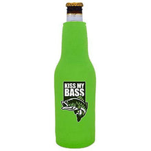 Load image into Gallery viewer, neon green beer bottle koozie with &quot;kiss my bass&quot; funny text and bass fish graphic
