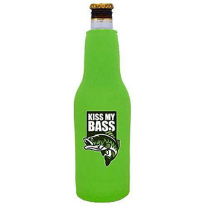 neon green beer bottle koozie with "kiss my bass" funny text and bass fish graphic