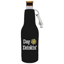 Load image into Gallery viewer, black beer bottle koozie with opener and “day drinkin” funny text design
