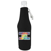 Load image into Gallery viewer, beer bottle koozie with opener with namastay home and drink design
