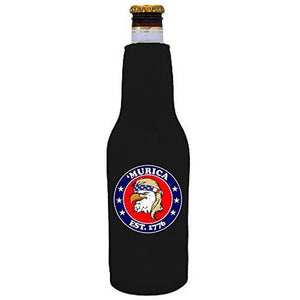 black beer bottle koozie with "’Murica 1776" logo and bald eagle mullet funny design