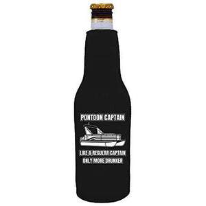 black beer bottle koozie with "pontoon captain, like a regular captain only more drunker" funny text design