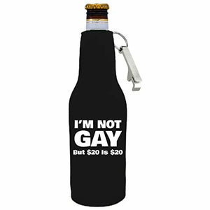 12 oz zipper beer bottle with opener koozie with im not gay design 