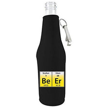 Load image into Gallery viewer, black zipper beer bottle koozie with opener and funny beer elements design 

