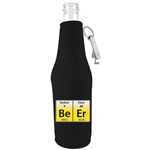 black zipper beer bottle koozie with opener and funny beer elements design 