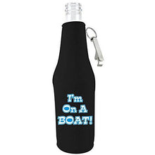 Load image into Gallery viewer, black zipper beer bottle koozie with opener and funny im on a boat!
