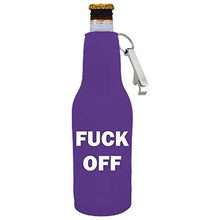 Load image into Gallery viewer, purple zipper beer bottle koozie with fuck off design 

