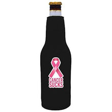 Load image into Gallery viewer, black beer bottle koozie with cancer sucks and pink ribbon design
