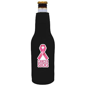 black beer bottle koozie with cancer sucks and pink ribbon design