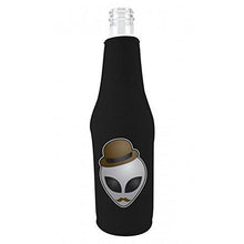 Load image into Gallery viewer, black zipper beer bottle koozie with alien in disguise design 
