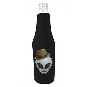 black zipper beer bottle koozie with alien in disguise design 