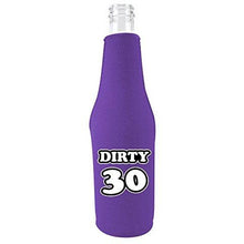 Load image into Gallery viewer, purple zipper beer bottle koozie with funny dirty thirty design 
