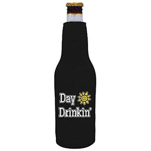 black beer bottle koozie with “day drinkin” funny text design